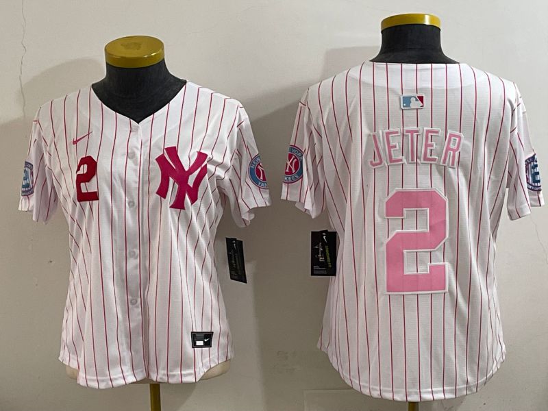 Women 2025 New York Yankees #2 Jeter White pink Joint Name Nike MLB Jersey style 5
